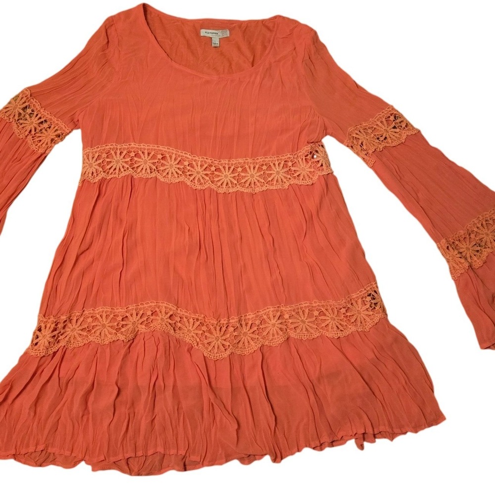 Blu Pepper Vintage Coral Orange Crochet Lace Tiered Boho Tunic Top Bell Sleeve L